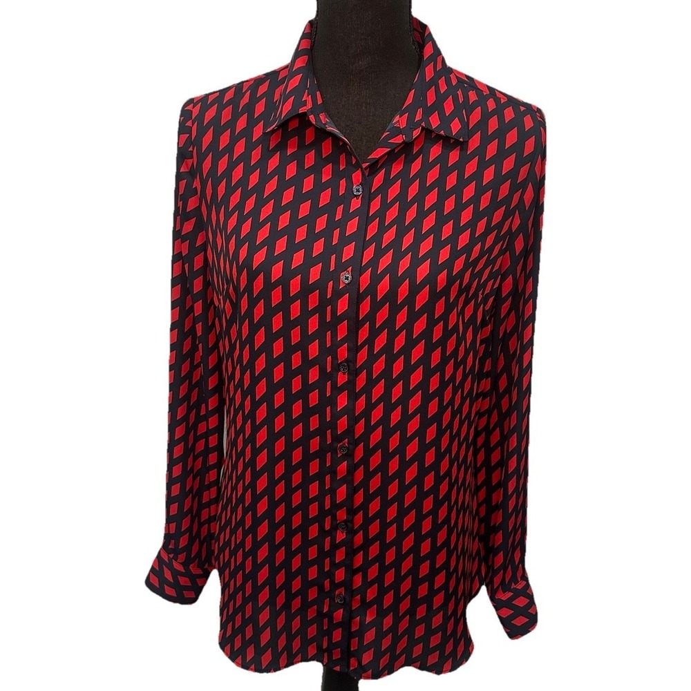 Banana Republic Blouse Womens Small Red & Navy Blue Long Sleeve Button Up Sheer